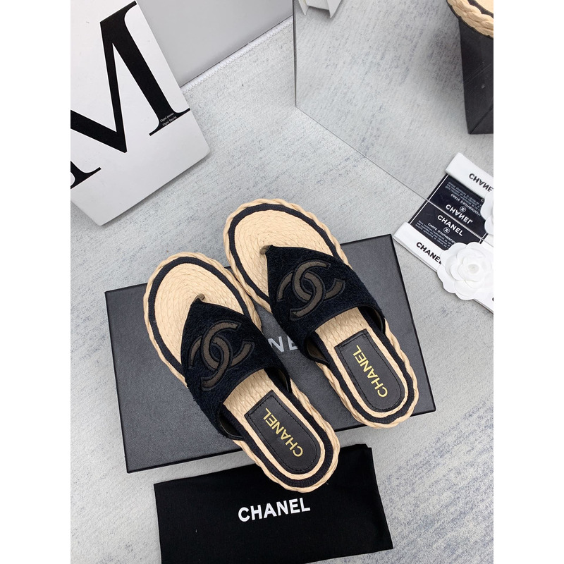 Ch*el casual style flip flops elegant style logo flat sandals black