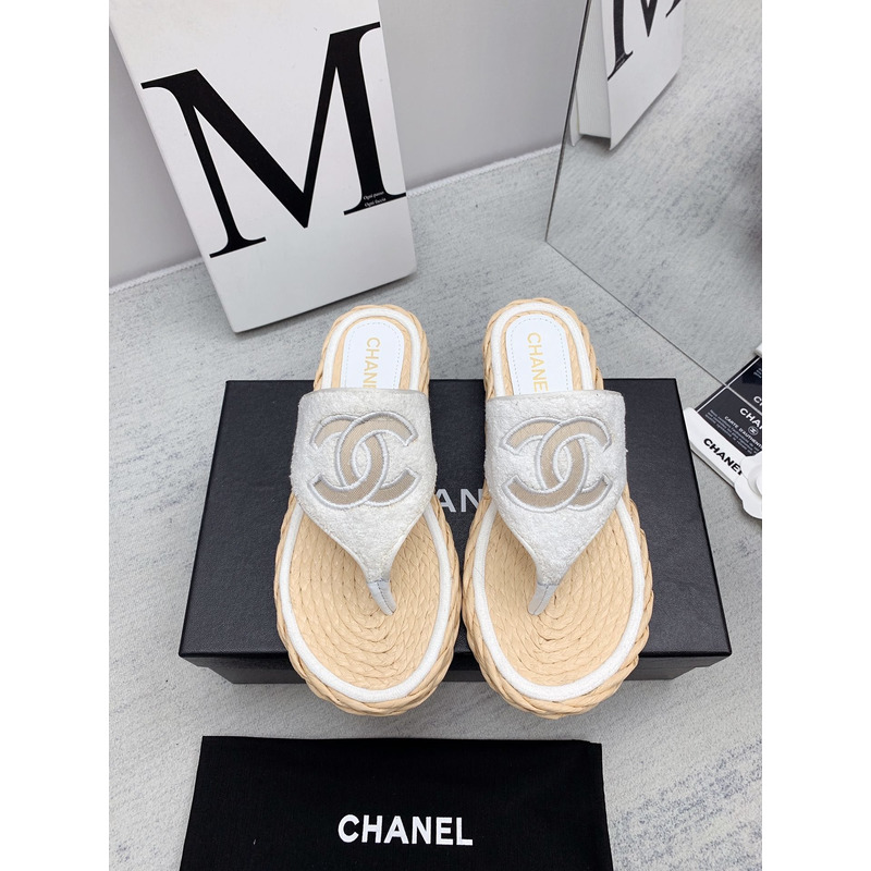 Ch*el casual style flip flops elegant style logo flat sandals white