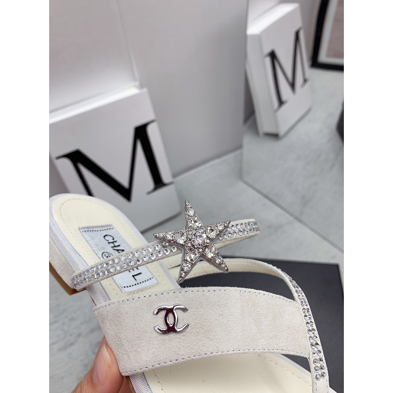 Ch*el suede calfskin & strass sandal white