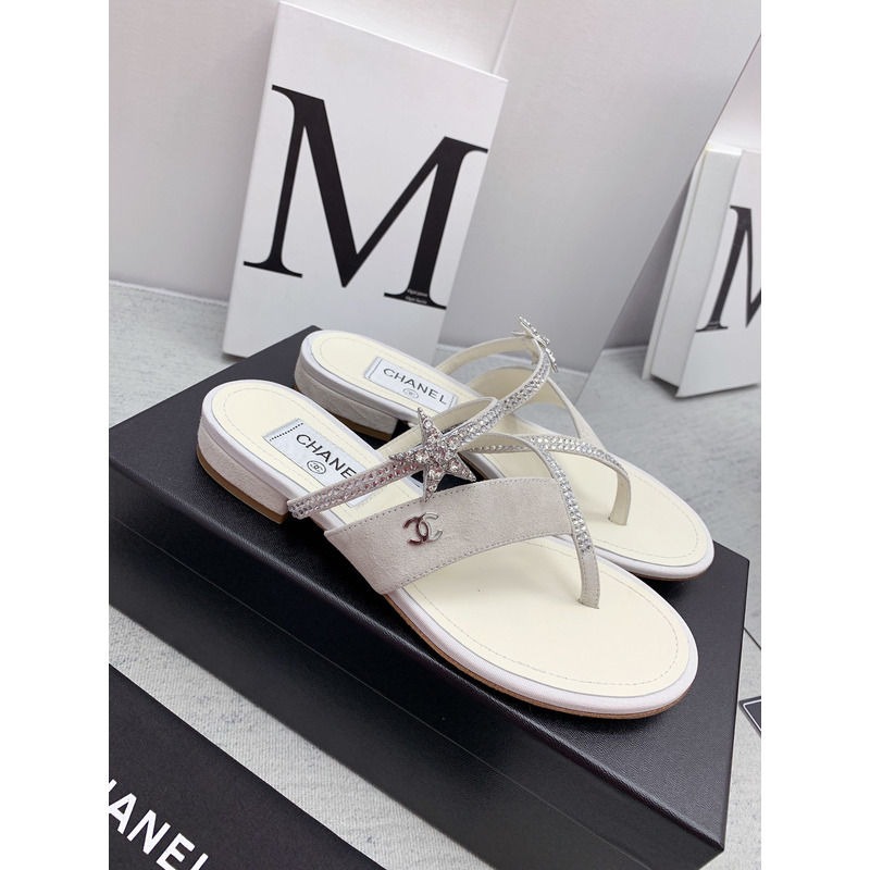 Ch*el suede calfskin & strass sandal white