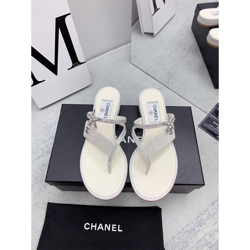 Ch*el suede calfskin & strass sandal white