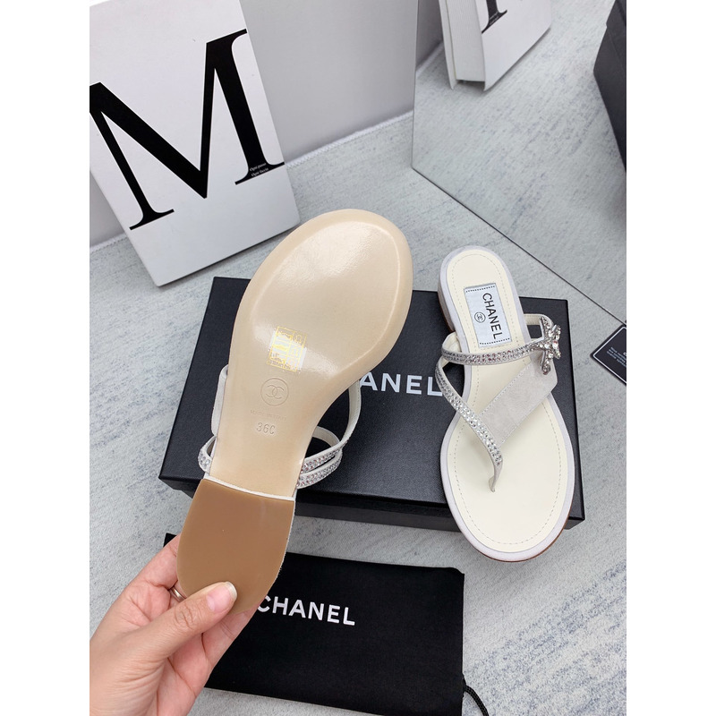 Ch*el suede calfskin & strass sandal white