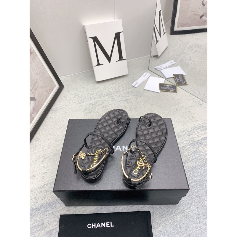 Ch*el leather quilted thong sandals black