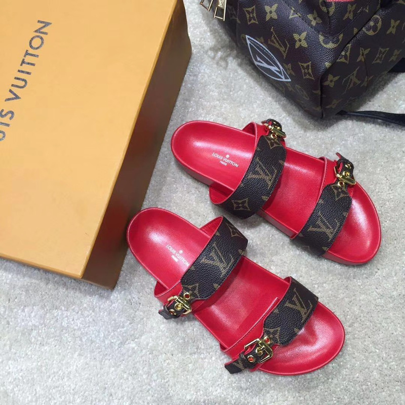 LV BOM DIA MULES MONOGRAM & RED