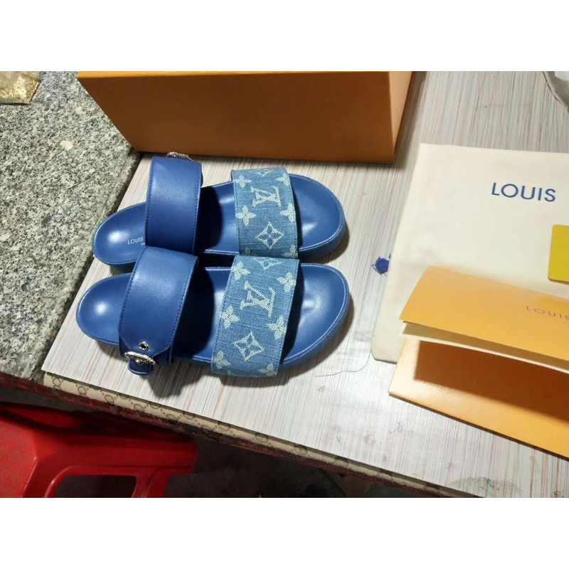 LV Woman Slippers Leather Slides Navy Blue