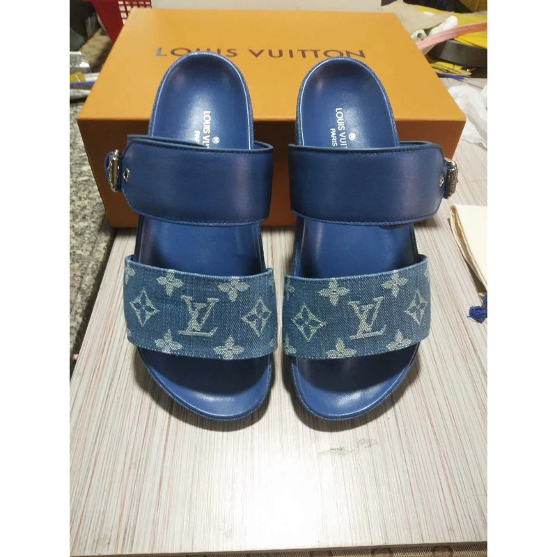 LV Woman Slippers Leather Slides Navy Blue