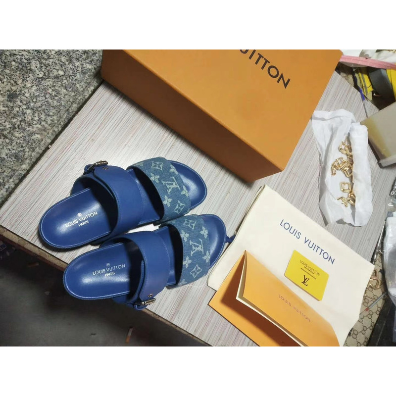 LV Woman Slippers Leather Slides Navy Blue