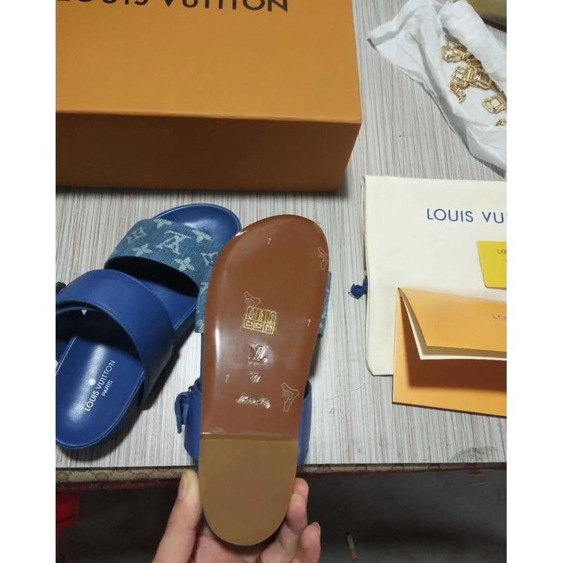 LV Woman Slippers Leather Slides Navy Blue