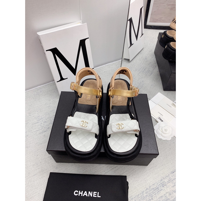 Ch*el leather sandals white&gold