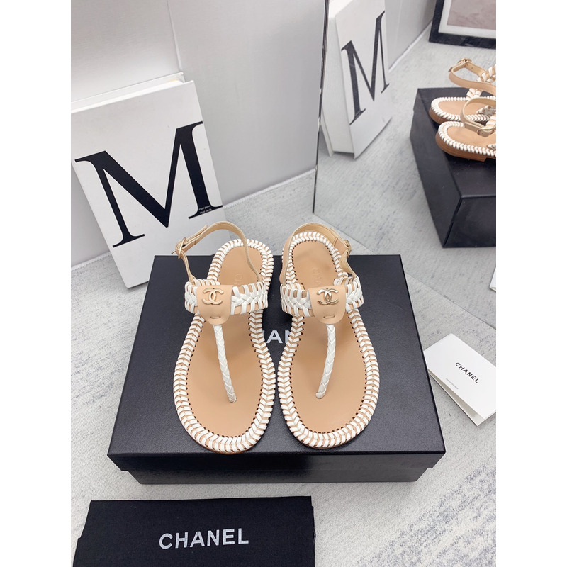 Ch*el braided flat thong sandals beige