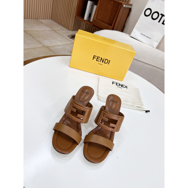 F**di baguette leather slides brown