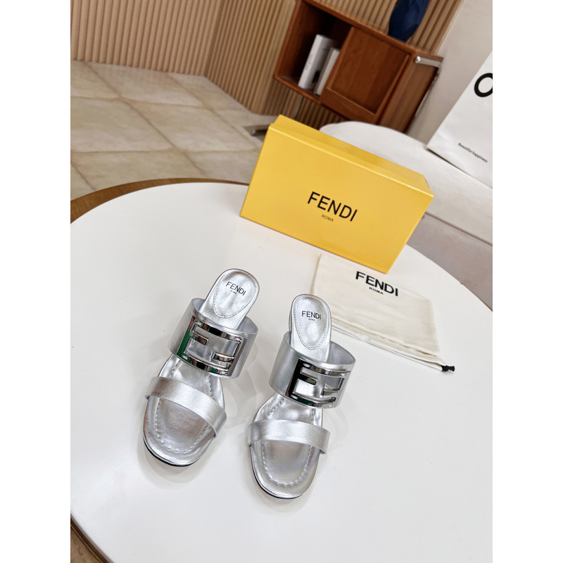 F**di baguette leather slides silver