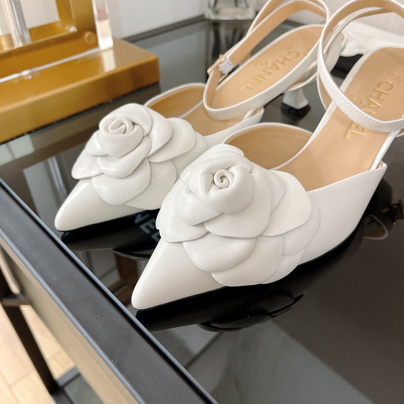 Ch*el camellia leather sandals white