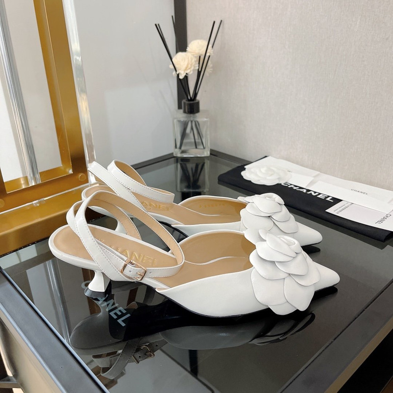 Ch*el camellia leather sandals white