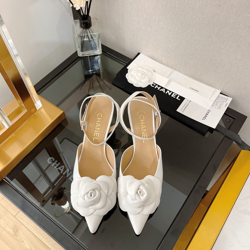 Ch*el camellia leather sandals white