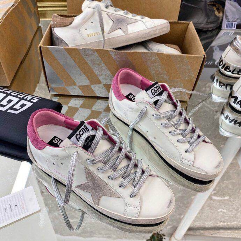 Golden Goose Men’s Super-Star Sneakers with Suede Star and Pink Heel Tab