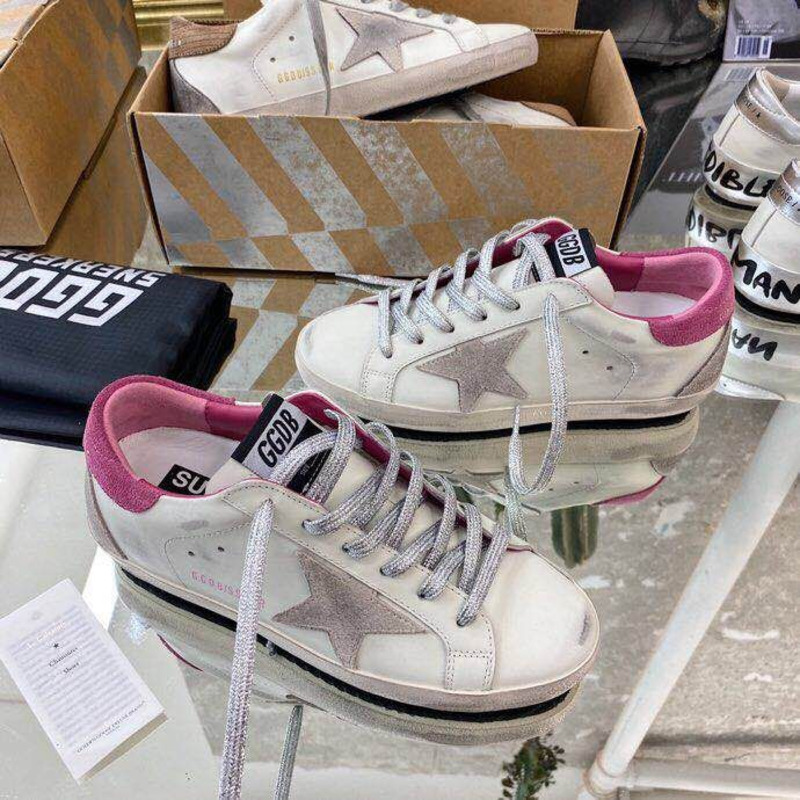 Golden Goose Men’s Super-Star Sneakers with Suede Star and Pink Heel Tab