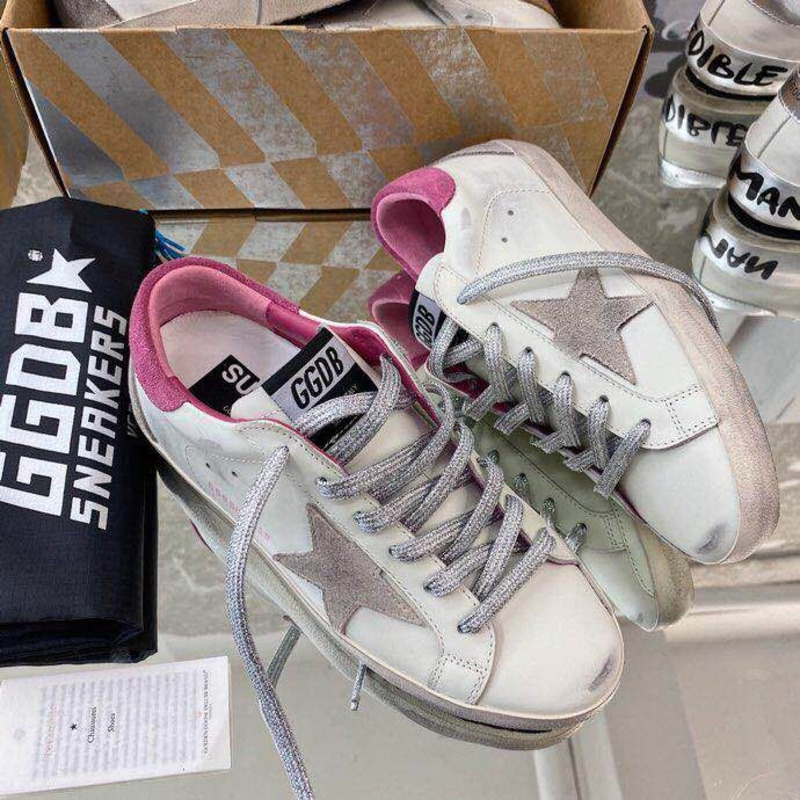 Golden Goose Men’s Super-Star Sneakers with Suede Star and Pink Heel Tab