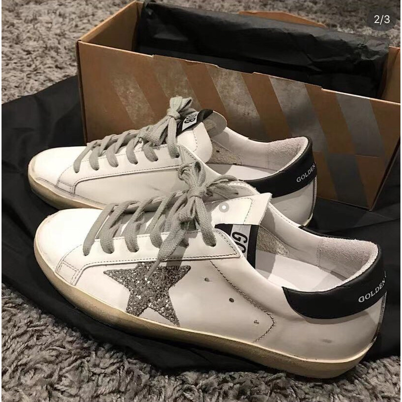 Golden Goose Men’s Super-Star Sneakers with Silver Star and Black Heel Tab