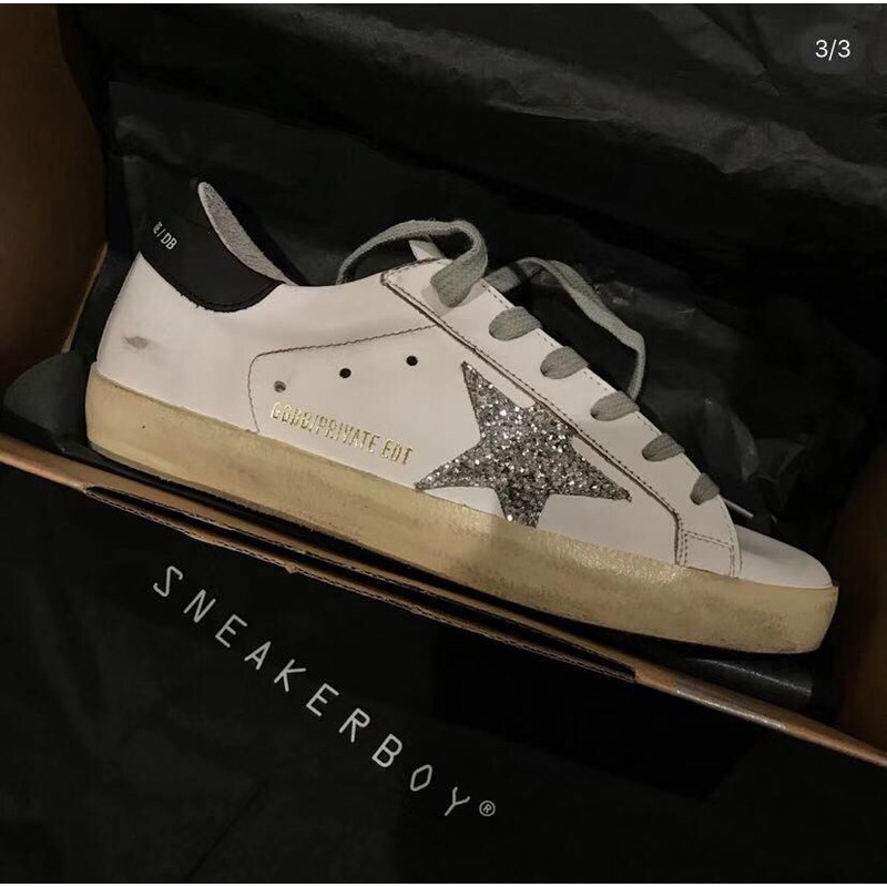 Golden Goose Men’s Super-Star Sneakers with Silver Star and Black Heel Tab