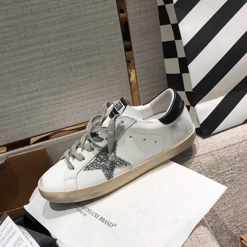 Golden Goose Men’s Super-Star Sneakers with Silver Star and Black Heel Tab