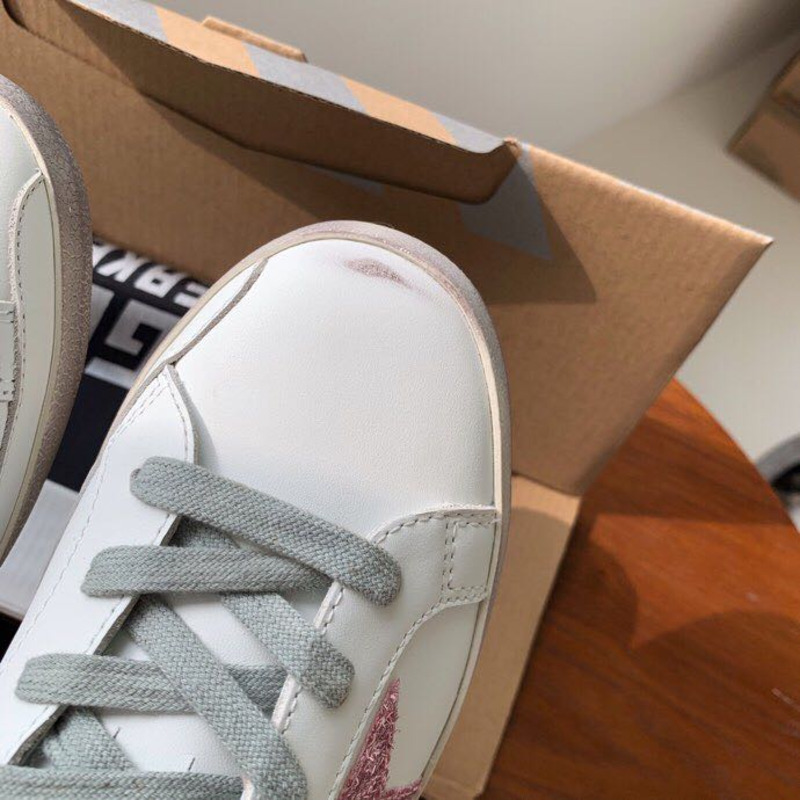 Golden Goose Super-Star Sneakers with Pink Glitter and Blue Heel Tab