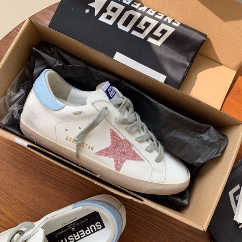 Golden Goose Super-Star Sneakers with Pink Glitter and Blue Heel Tab