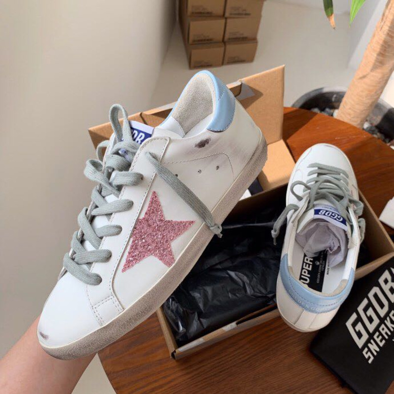 Golden Goose Super-Star Sneakers with Pink Glitter and Blue Heel Tab