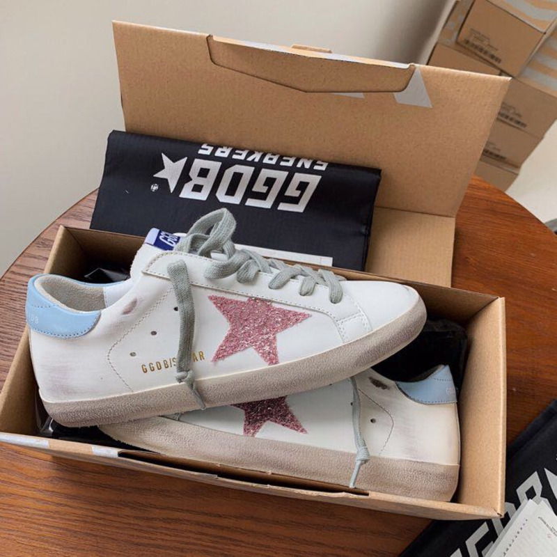 Golden Goose Super-Star Sneakers with Pink Glitter and Blue Heel Tab