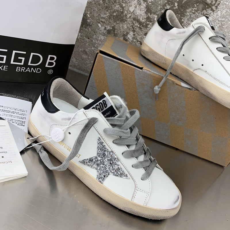 Golden Goose Super-Star Sneakers with Sliver Glitter and Black Heel Tab