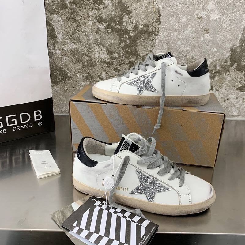 Golden Goose Super-Star Sneakers with Sliver Glitter and Black Heel Tab