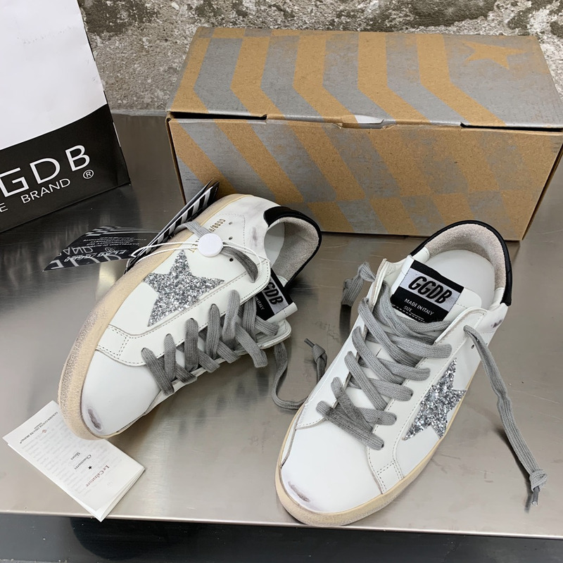 Golden Goose Super-Star Sneakers with Sliver Glitter and Black Heel Tab