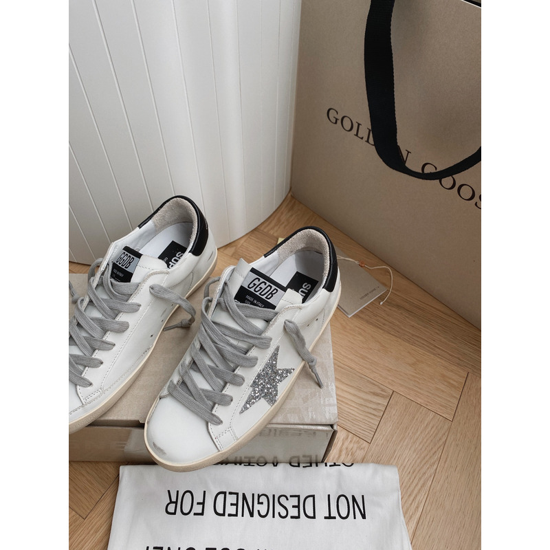 Golden Goose Super-Star Sneakers with Sliver Glitter and Black Heel Tab