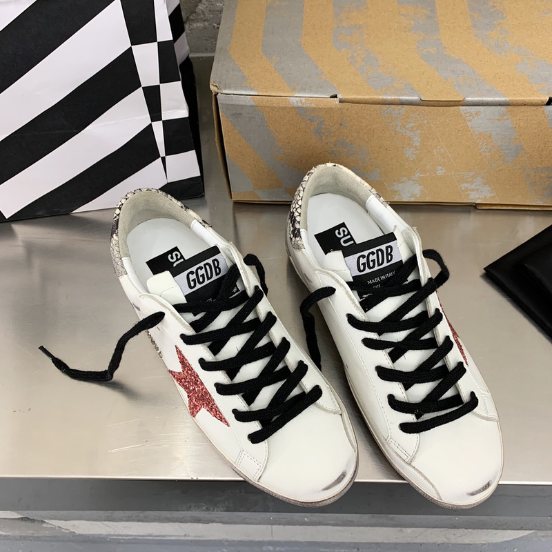 Golden Goose Super-Star Sneakers with Red Glitter and Grey Heel Tab