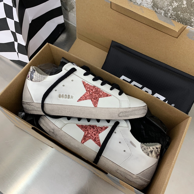 Golden Goose Super-Star Sneakers with Red Glitter and Grey Heel Tab