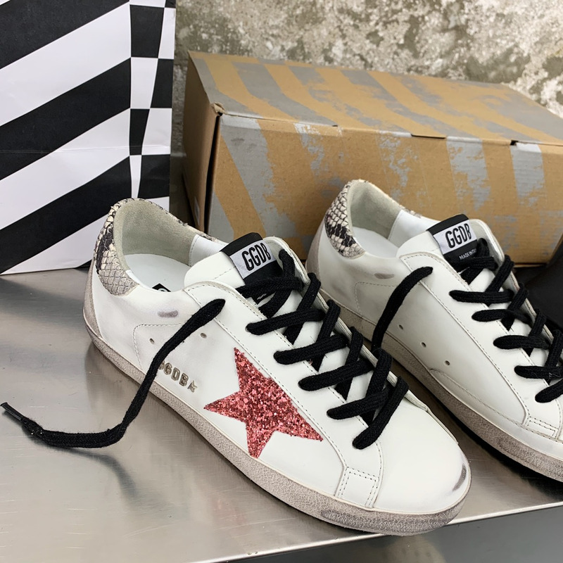 Golden Goose Super-Star Sneakers with Red Glitter and Grey Heel Tab