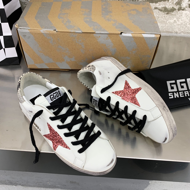 Golden Goose Super-Star Sneakers with Red Glitter and Grey Heel Tab