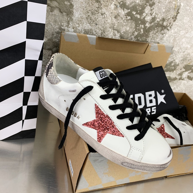 Golden Goose Super-Star Sneakers with Red Glitter and Grey Heel Tab