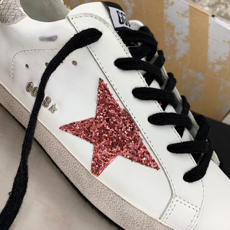 Golden Goose Super-Star Sneakers with Red Glitter and Grey Heel Tab