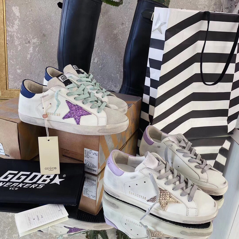 Golden Goose Super-Star Sneakers with Glitter and Purple Heel Tab