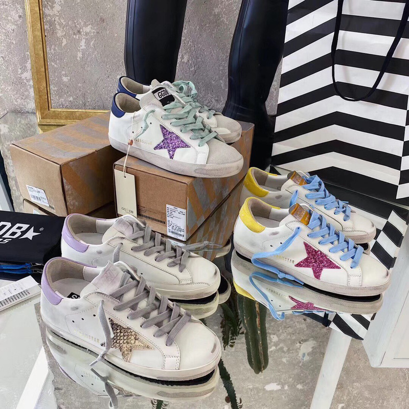 Golden Goose Super-Star Sneakers with Glitter and Purple Heel Tab