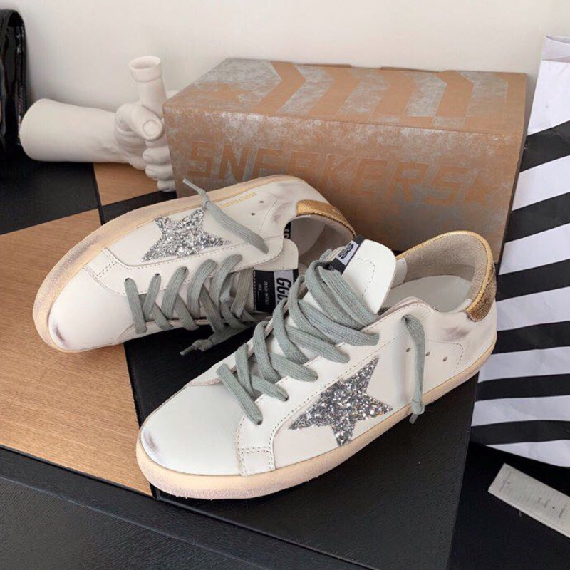 Golden Goose Super-Star Sneakers with Sliver Star and Golden Heel Tab