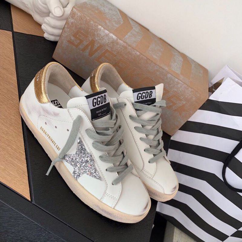 Golden Goose Super-Star Sneakers with Sliver Star and Golden Heel Tab