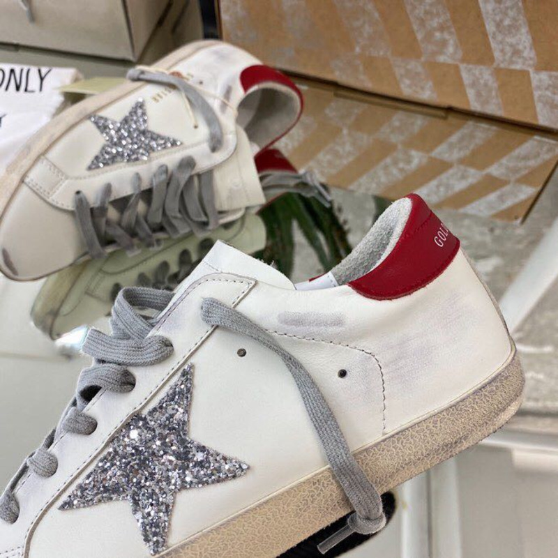 Golden Goose Super-Star Sneakers with Sliver Glitter and Red Heel Tab