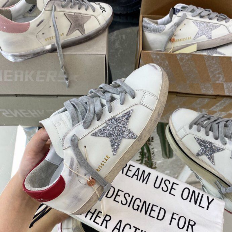 Golden Goose Super-Star Sneakers with Sliver Glitter and Red Heel Tab