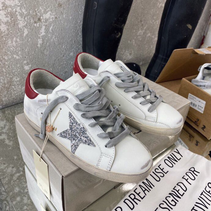 Golden Goose Super-Star Sneakers with Sliver Glitter and Red Heel Tab