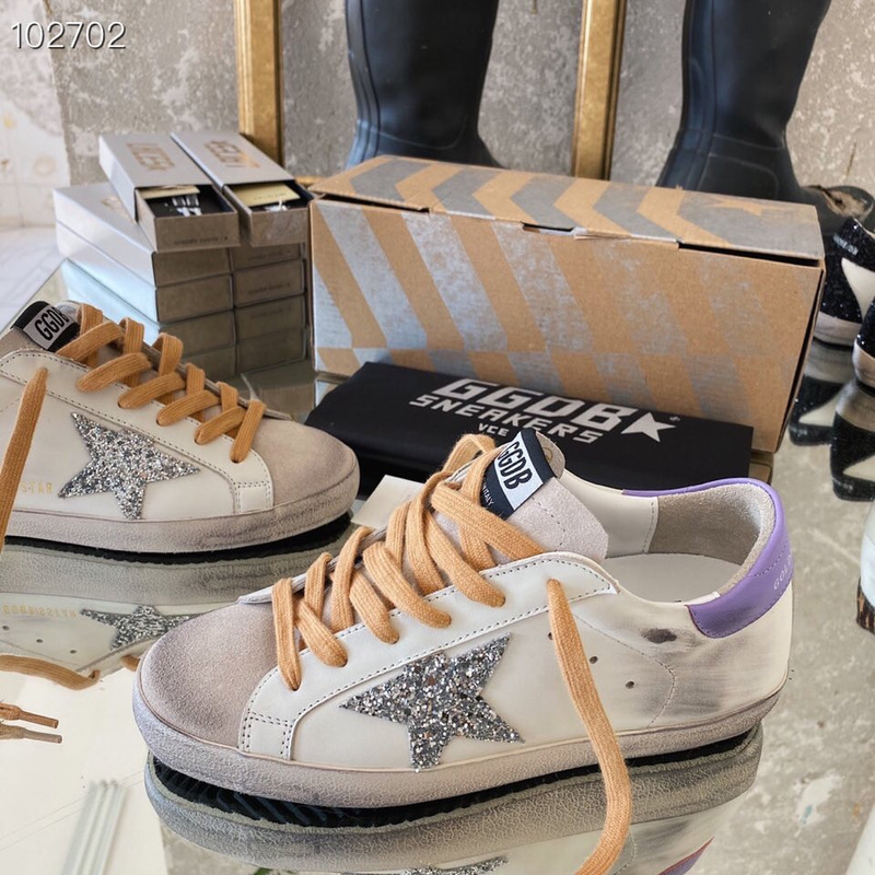 Golden Goose Super-Star Sneakers with Sliver Glitter and Purple Heel Tab