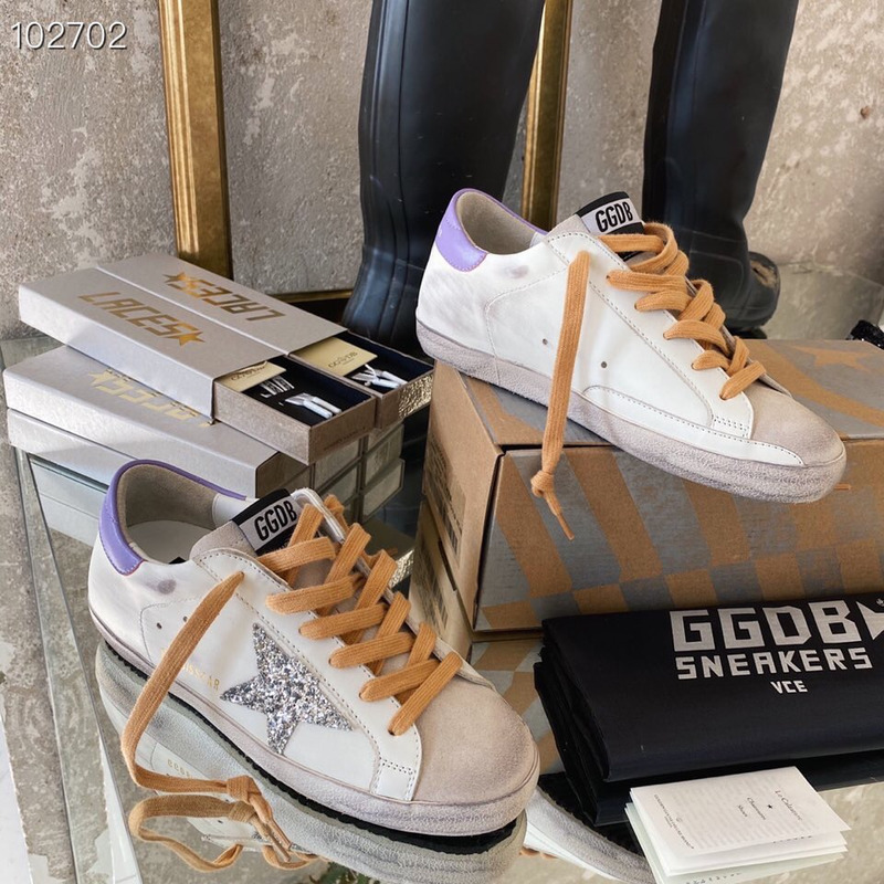 Golden Goose Super-Star Sneakers with Sliver Glitter and Purple Heel Tab