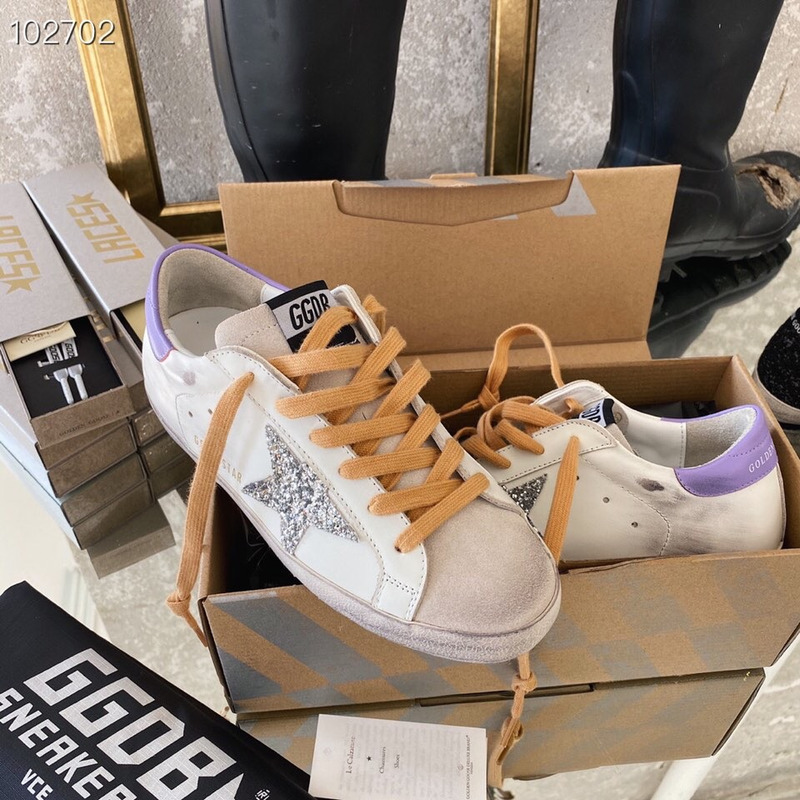 Golden Goose Super-Star Sneakers with Sliver Glitter and Purple Heel Tab