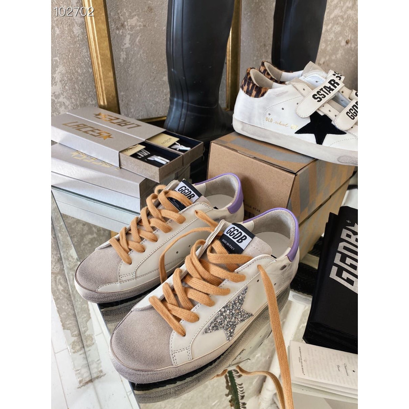 Golden Goose Super-Star Sneakers with Sliver Glitter and Purple Heel Tab